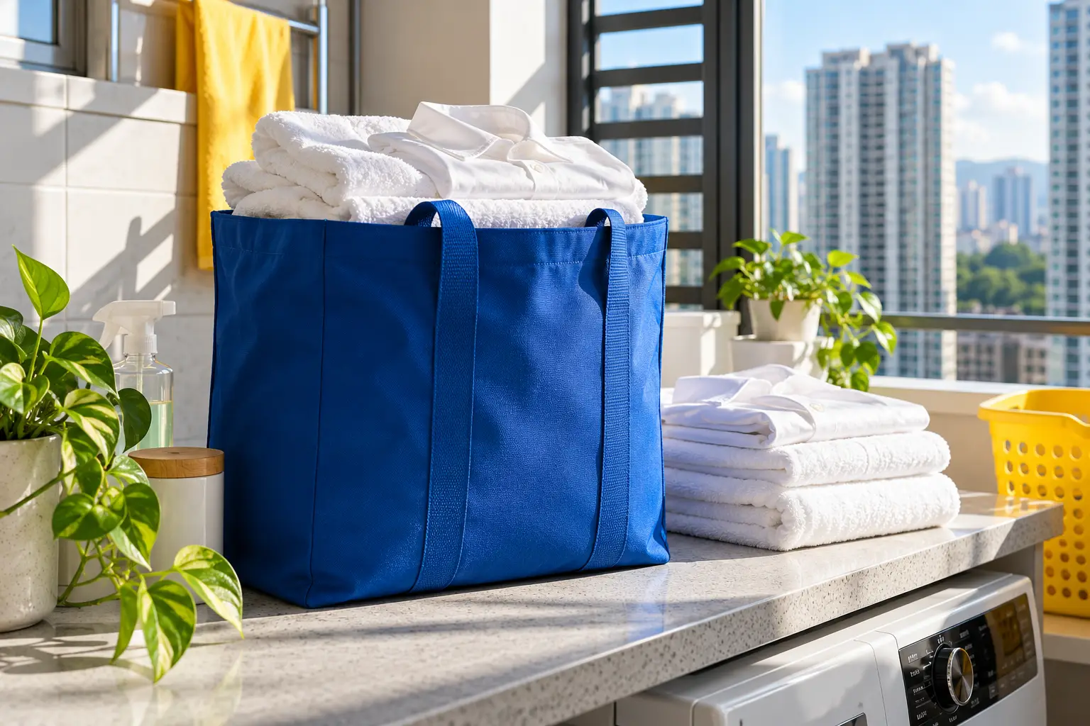 Freshly folded laundry in a reusable blue tote in a bright home laundry area
